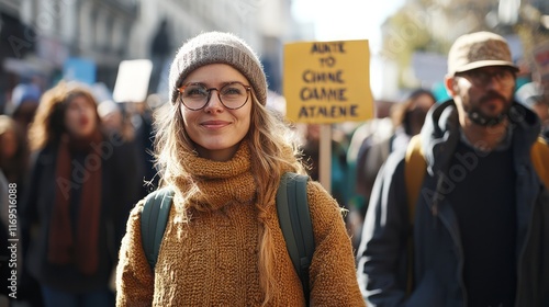 A diverse group of activists holding signs advocating for climate action at a rally photo