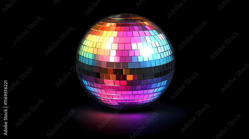 Obraz premium Shiny disco ball reflecting colorful lights at a dance party, silver, sparkly, reflective, nightclub, party. Nightspire. Illustration
