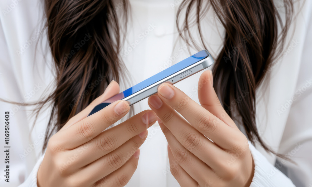 person holding smartphone with long hair, showcasing modern device. focus is on hands and phone, emphasizing technology and communication person holding smartphone with long hair, showcasing modern device. focus is on hands and phone, emphasizing technology and communication