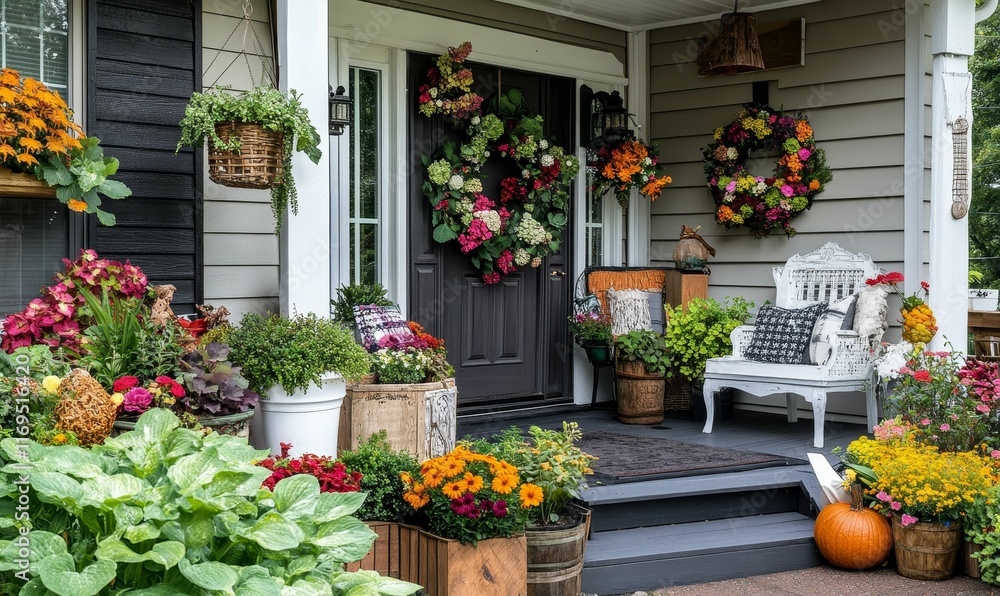Fototapeta premium Floral porch decor, fall theme, pumpkin.