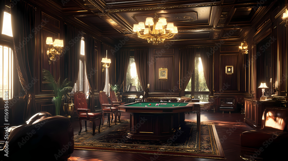Sophisticated classic game room with elegant wooden poker table traditional lighting and refined decor for a gentlemanly leisure experience. Nightspire. Illustration Sophisticated classic game room with elegant wooden poker table traditional lighting and refined decor for a gentlemanly leisure experience. Nightspire. Illustration