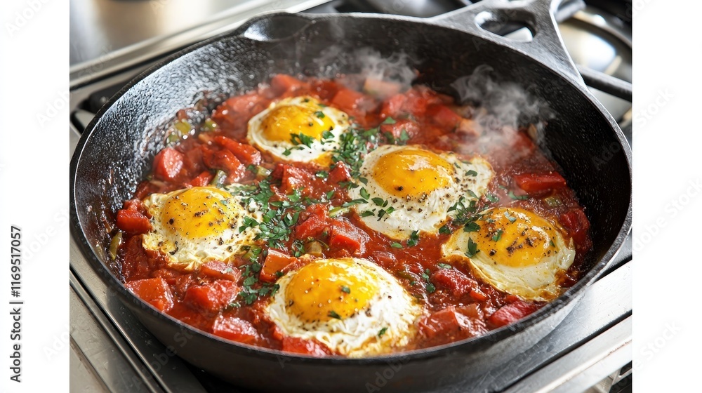 A skillet with eggs and tomatoes, steaming and ready to serve. A skillet with eggs and tomatoes, steaming and ready to serve.