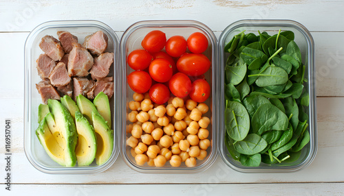 Healthy meal prep containers with chickpeas, goose meat , tomatoes, avocado, lemon and spinach on white wooden table. Top view