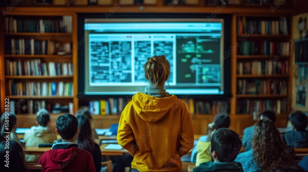 Obraz premium Coding Class in a Library: Students Focused on the Screen