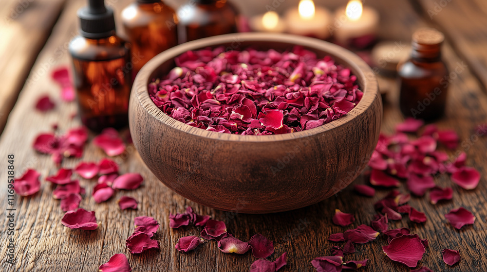 Wooden bowl filled with dried rose petals, surrounded by candles and essential oil bottles, symbolizing relaxation and natural beauty Wooden bowl filled with dried rose petals, surrounded by candles and essential oil bottles, symbolizing relaxation and natural beauty
