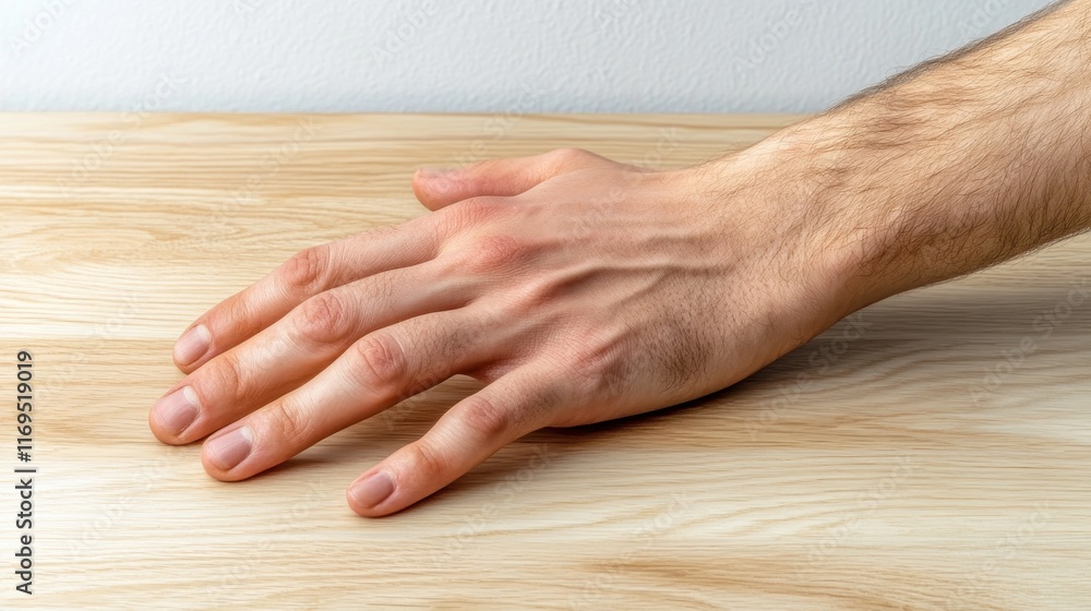 A Close-up Shot of a Man's Hand Resting on a Light Wooden Surface A Close-up Shot of a Man's Hand Resting on a Light Wooden Surface