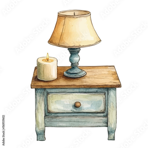 A watercolor vector painting of a bedside table with a lamp and candle, isolated on a white background. Bedside table with lamp and candle vector.

