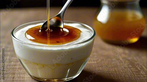 Honey gently flows from a wooden drizzler into a creamy yogurt-filled glass container. photo