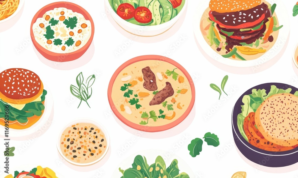 Overhead view of diverse food dishes. Overhead view of diverse food dishes.
