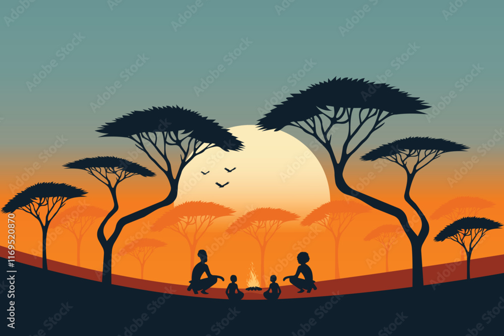 an African tribe around a campfire in the evening savannah flat vector illustration an African tribe around a campfire in the evening savannah flat vector illustration