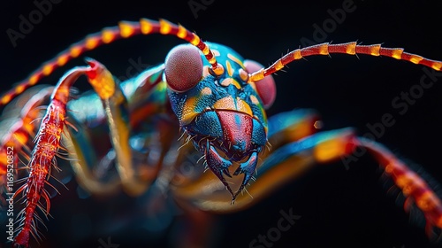 Detailed close-up of an earwig displaying colorful pincers against a black backdrop