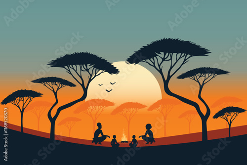 an African tribe around a campfire in the evening savannah flat vector illustration
