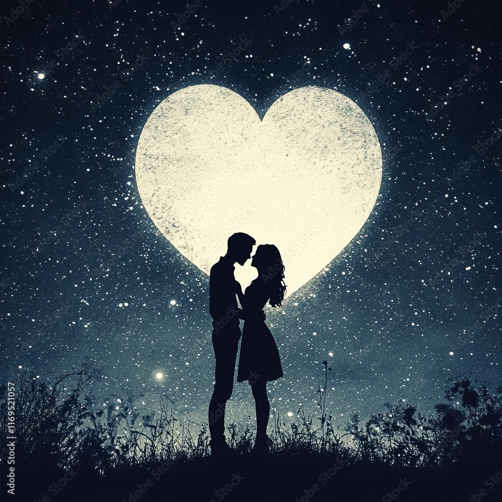 Obraz premium Silhouette of lovers against the background of a heart-shaped moon in the night sky