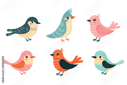 hand drawn spring birds set isolated on white background flat illustration