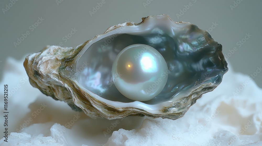 Pearl in oyster shell on white coral, studio shot. Pearl in oyster shell on white coral, studio shot.