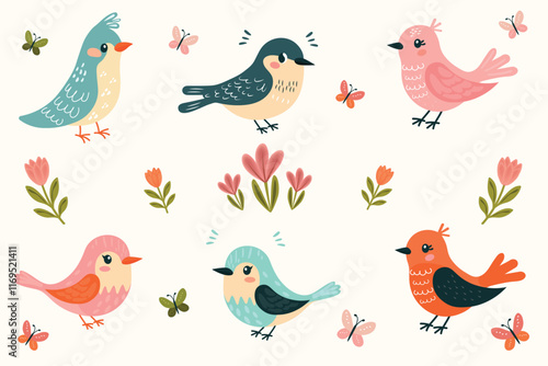 spring set birds flowers and butterflies hand drawn flat vector illustration