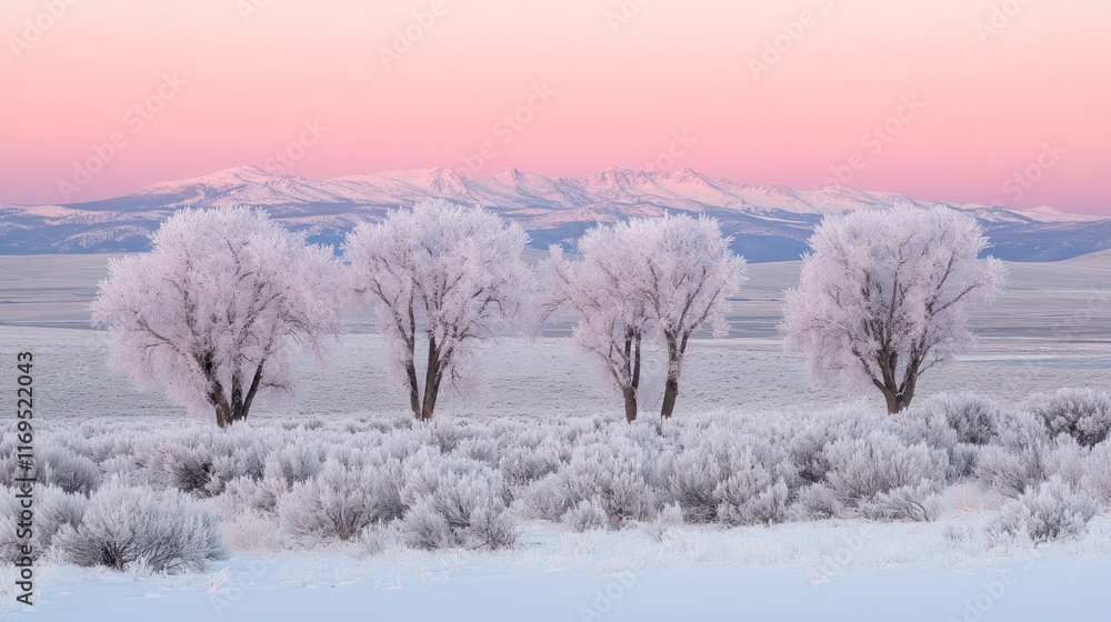 Winter Wonderland: Four Frost-Covered Trees in a Pink Sunrise Winter Wonderland: Four Frost-Covered Trees in a Pink Sunrise