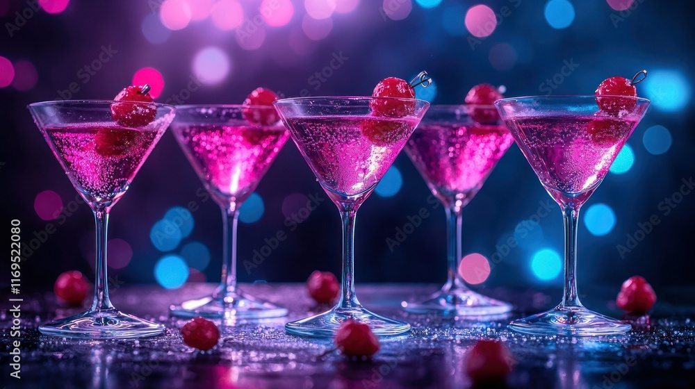 Pink cocktails with cherries, bokeh bar background, party drinks. Pink cocktails with cherries, bokeh bar background, party drinks.