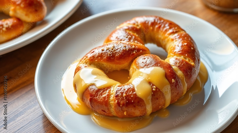 Austrian Pretzel Topped with Melted Cheese on a Plate Austrian Pretzel Topped with Melted Cheese on a Plate