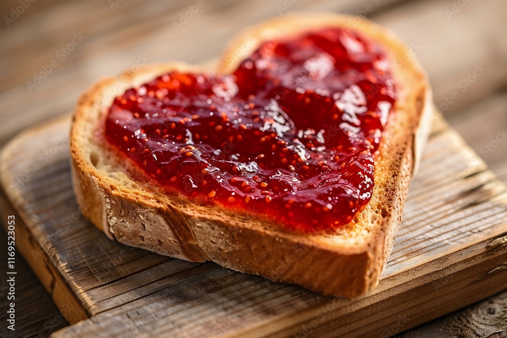 Toast with jam in the shape of a heart on wooden background Toast with jam in the shape of a heart on wooden background