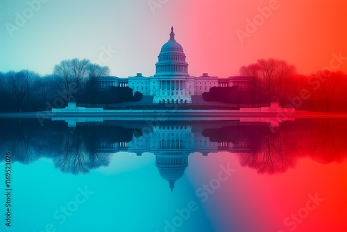 US Capitol Building Reflection with Dramatic Red and Blue Color Split, Washington DC Political Concept