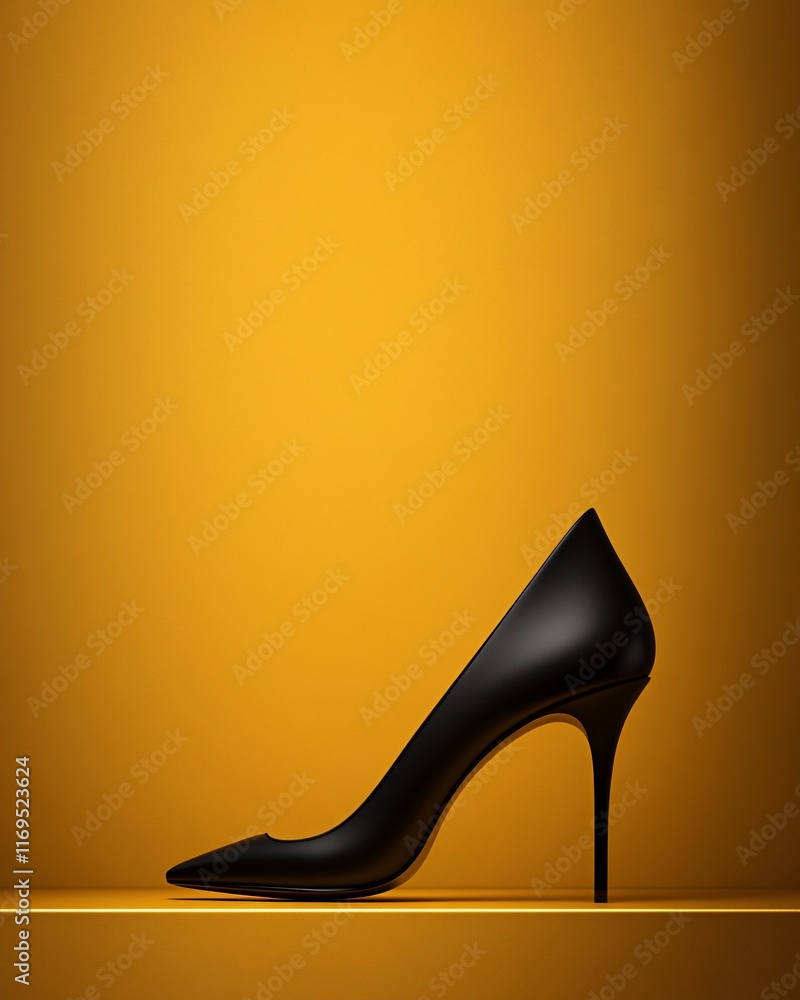 Elegant Black High Heel Shoe on Yellow Background Elegant Black High Heel Shoe on Yellow Background