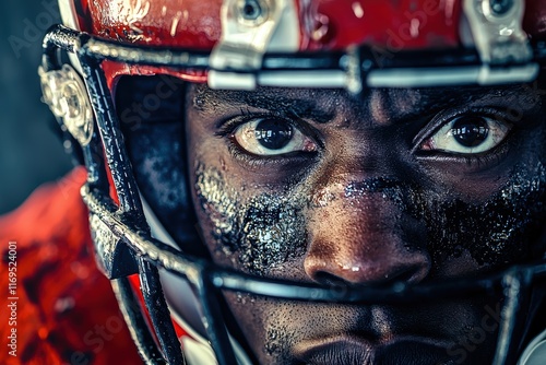 Intense Focus of a Football Player Before the Big Game Capture of Determination and Grit photo