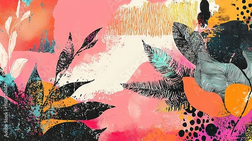   A vibrant painting featuring a cluster of flowers set against a serene pink-blue backdrop, with a striking black bird taking center stage