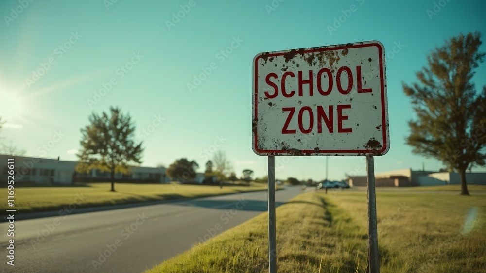 Rustic Weathered School Zone Sign on Roadside Rustic Weathered School Zone Sign on Roadside