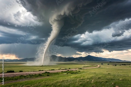 A swirling tornado ripping through a flat grassy plain, debris spiraling into the funnel, distant mountains in the background shrouded in heavy rain clouds photo