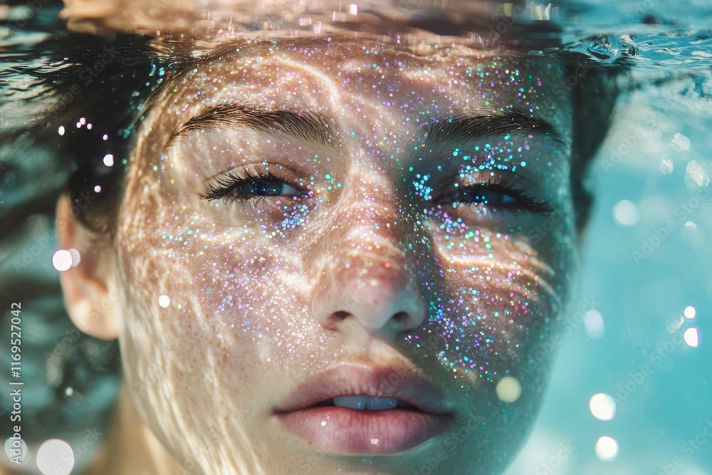 Fototapeta premium Glitter-covered face, underwater, serene expression.