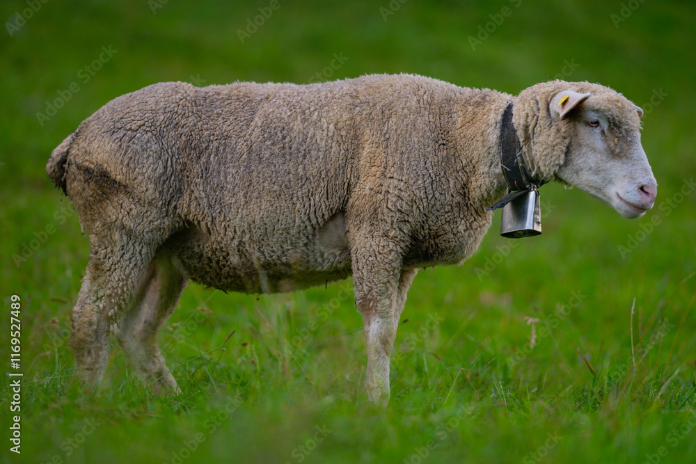 Long haired sheep with copper bell in herd on pasture. The sheep in the meadows. Sheep pasture on an farm, close up. Sheep eating grass on a field. Sheeps grazing.