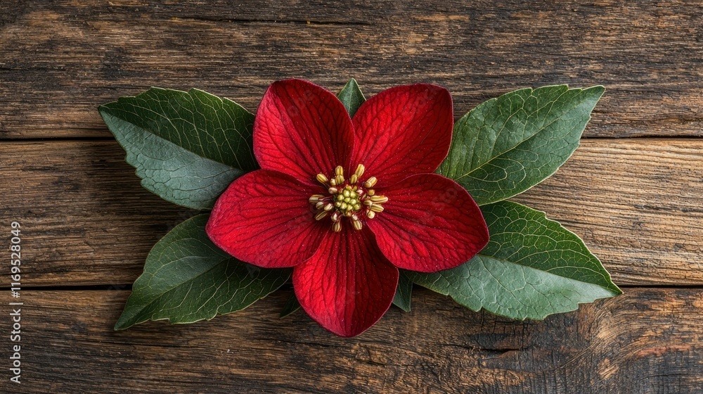 Red flower with green leaves on rustic wood background. Red flower with green leaves on rustic wood background.