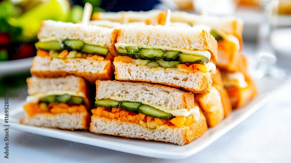 Close-up of a stack of delicious sandwiches filled with pickles, cheese, and a vibrant orange spread. The golden-brown bread and fresh ingredients make for an appetizing image. Close-up of a stack of delicious sandwiches filled with pickles, cheese, and a vibrant orange spread. The golden-brown bread and fresh ingredients make for an appetizing image.