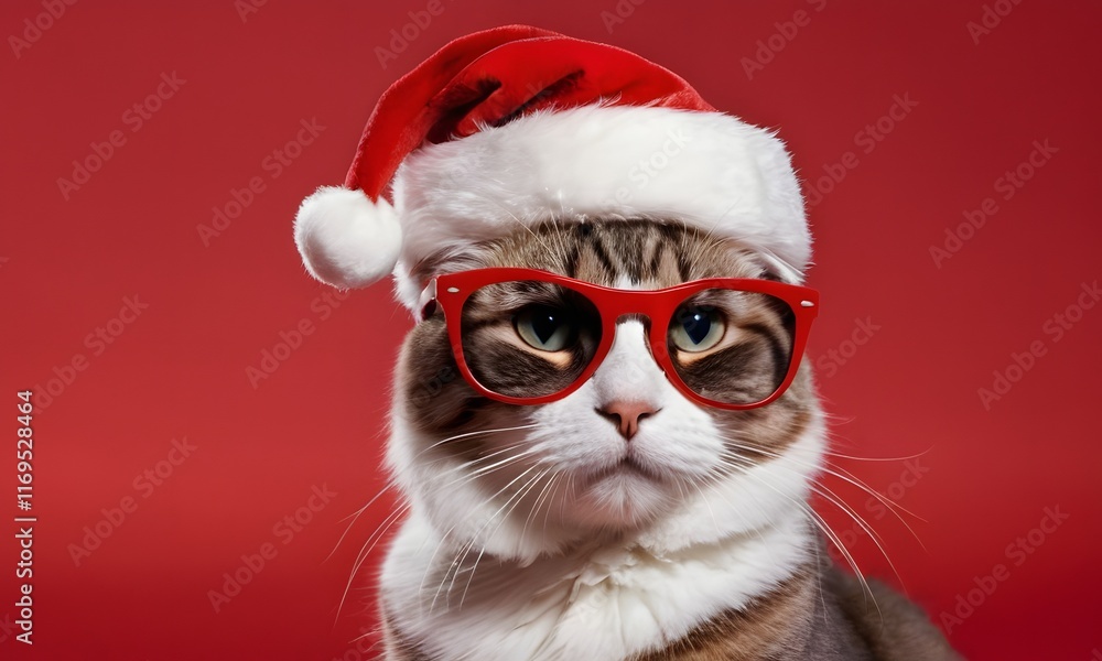 Cat with a Santa Claus red hat on a red background, Generative Ai Cat with a Santa Claus red hat on a red background, Generative Ai