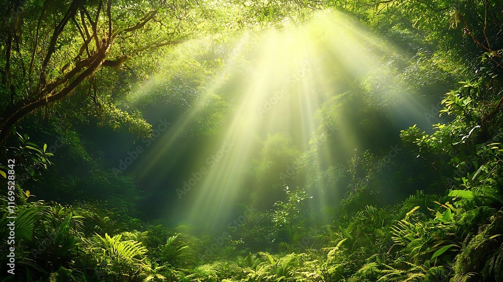 A lush tropical rainforest with rays of sunlight piercing through the dense canopy A lush tropical rainforest with rays of sunlight piercing through the dense canopy