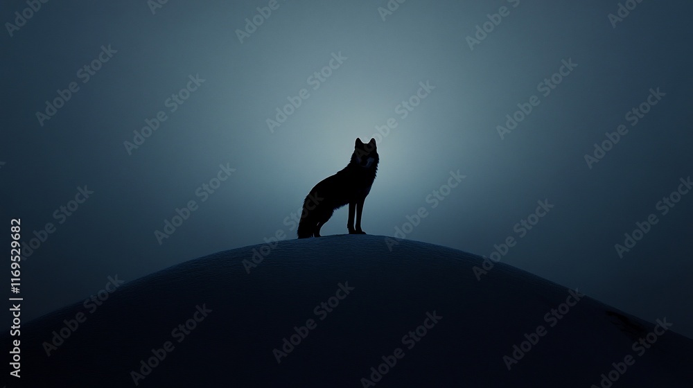 Lone wolf silhouette on hilltop at night. Lone wolf silhouette on hilltop at night.