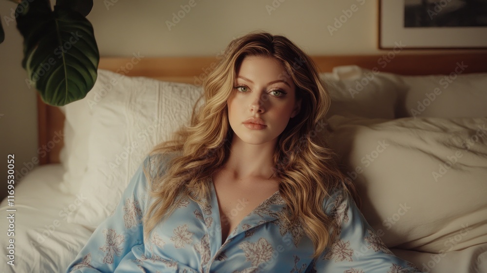 Serene Beauty: A Woman in a Blue Robe on a Bed Serene Beauty: A Woman in a Blue Robe on a Bed