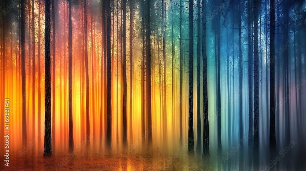 Foggy morning in a vibrant pine forest with soft hues and dynamic lighting Foggy morning in a vibrant pine forest with soft hues and dynamic lighting
