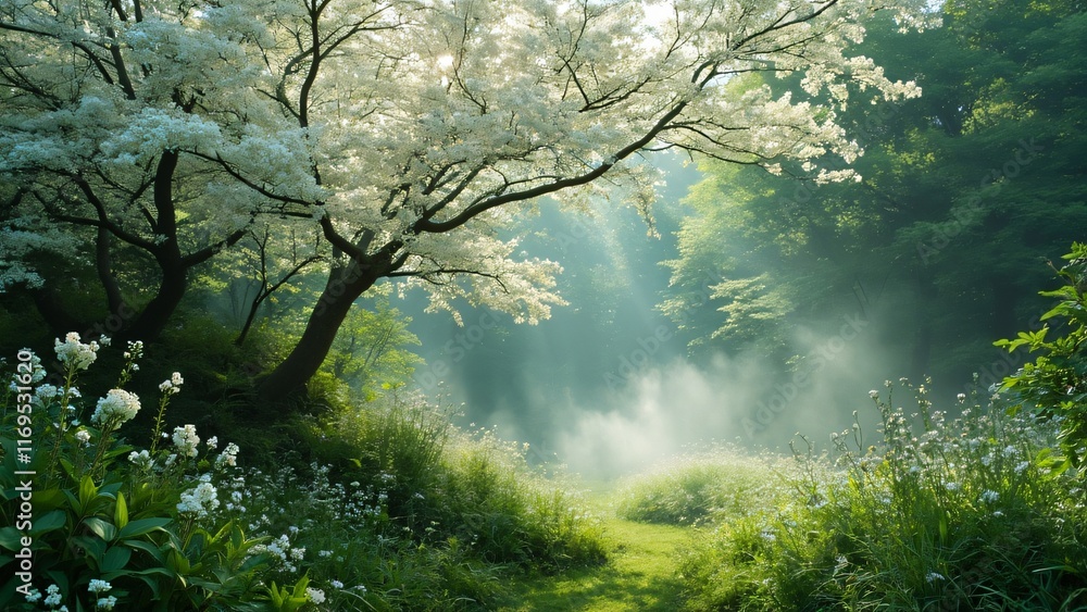 Fototapeta premium Misty Morning in Blooming Dogwood Forest Path