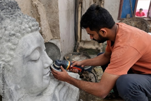 A local man carving a marble Buddha statue using an angle grinder. photo