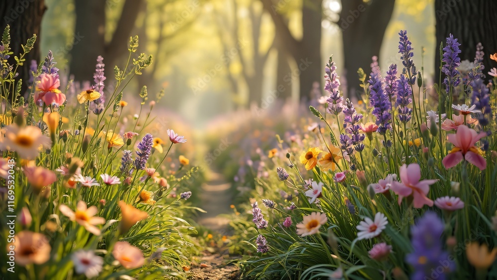 Obraz premium Sunlit Wildflower Meadow Path Nature Photography