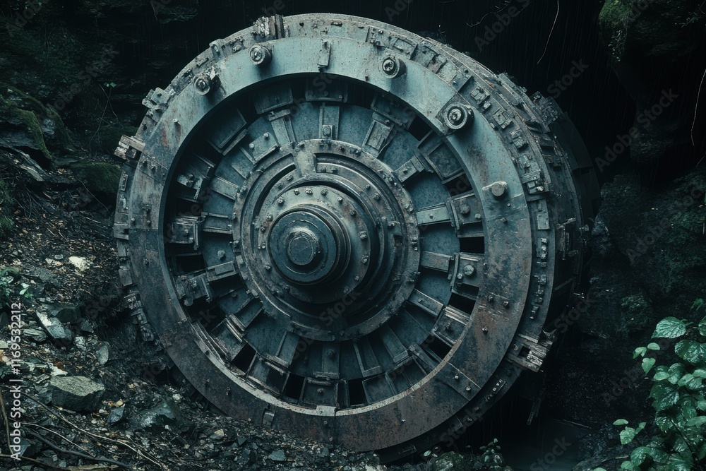 Fototapeta premium Massive, weathered industrial wheel rests in a dark, damp environment.
