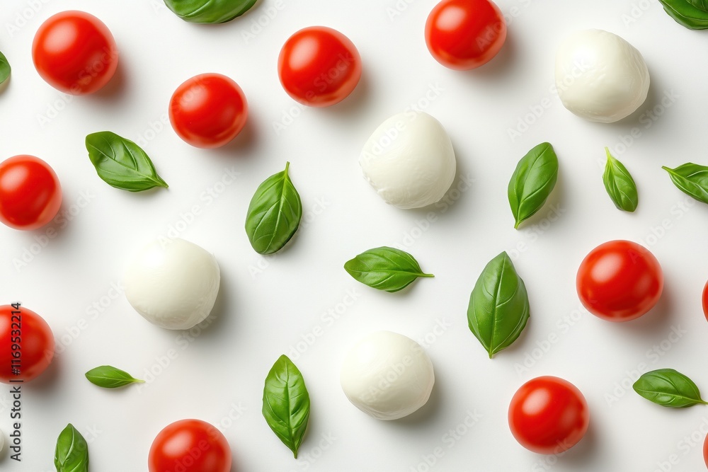 Cherry tomatoes, mozzarella cheese balls, and basil leaves arranged on white background Cherry tomatoes, mozzarella cheese balls, and basil leaves arranged on white background