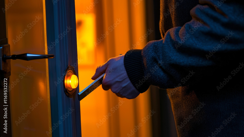 Nighttime break-in attempt; hand using tool to unlock door.. Nighttime break-in attempt; hand using tool to unlock door..