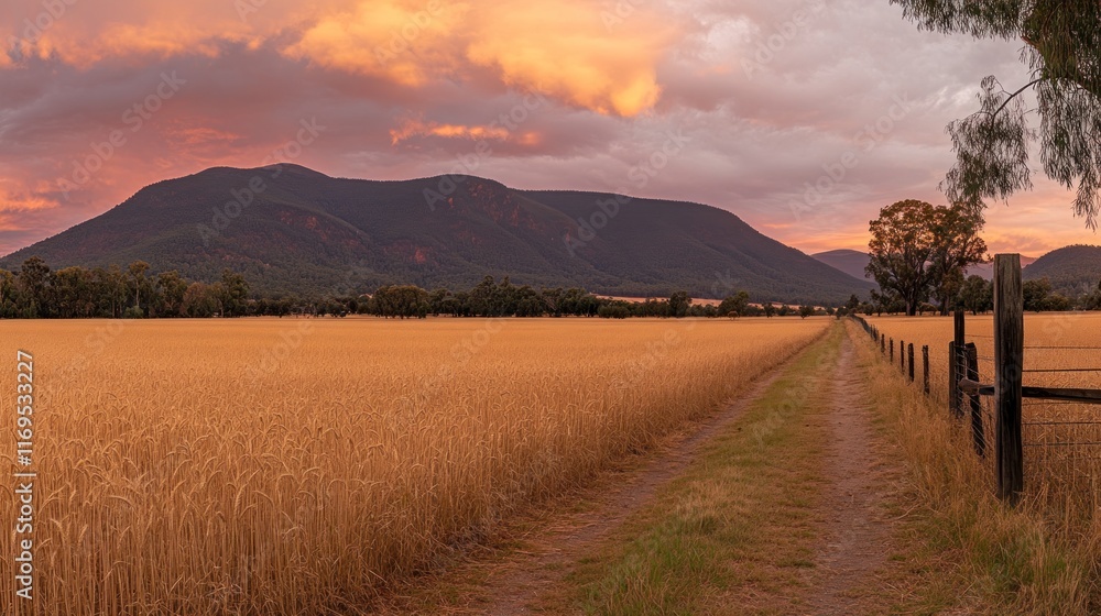 Golden Hour in the Australian Outback: A Serene Sunset over Wheat Fields and Mountains Golden Hour in the Australian Outback: A Serene Sunset over Wheat Fields and Mountains