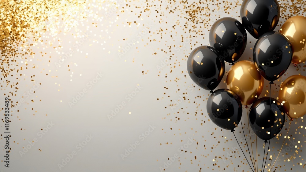 Obraz premium Elegant Black and Gold Balloons with Confetti Festive Party Background