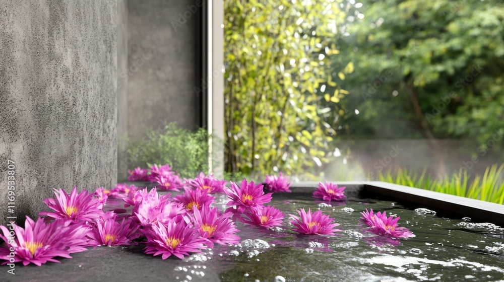 Serene Spa Setting: Pink Lotus Blossoms in a Tranquil Water Feature