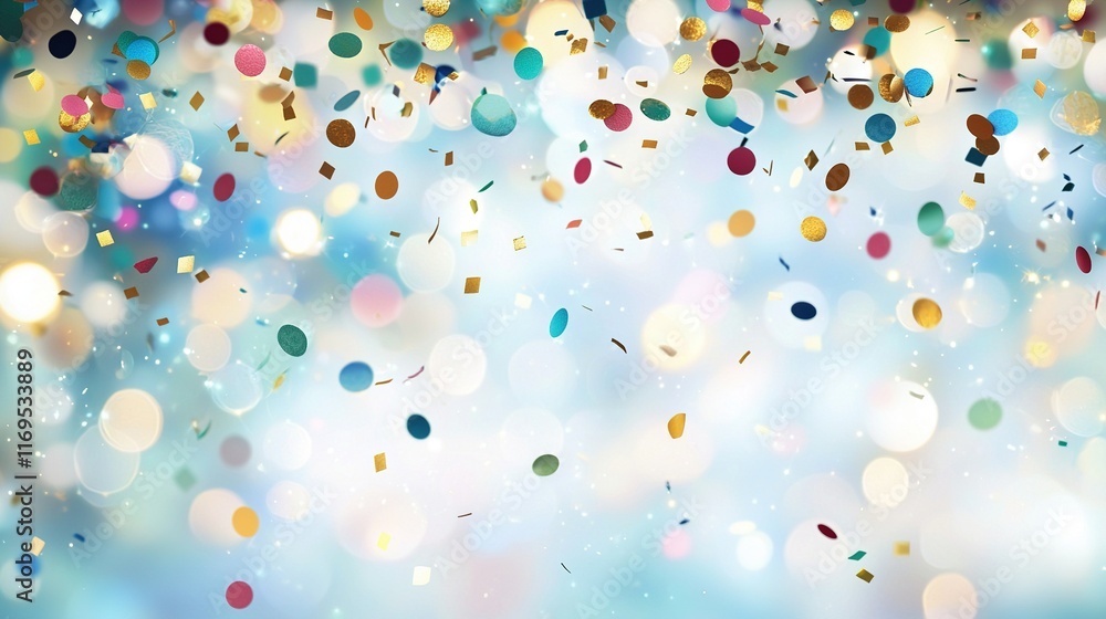 A vibrant cluster of confetti against a serene blue-white backdrop with blurred edges A vibrant cluster of confetti against a serene blue-white backdrop with blurred edges