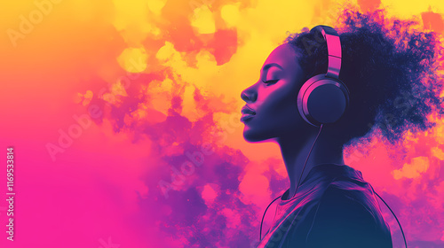 A woman listening to musing through headphones on a vibrant background with copy space. Nightspire. Illustration photo